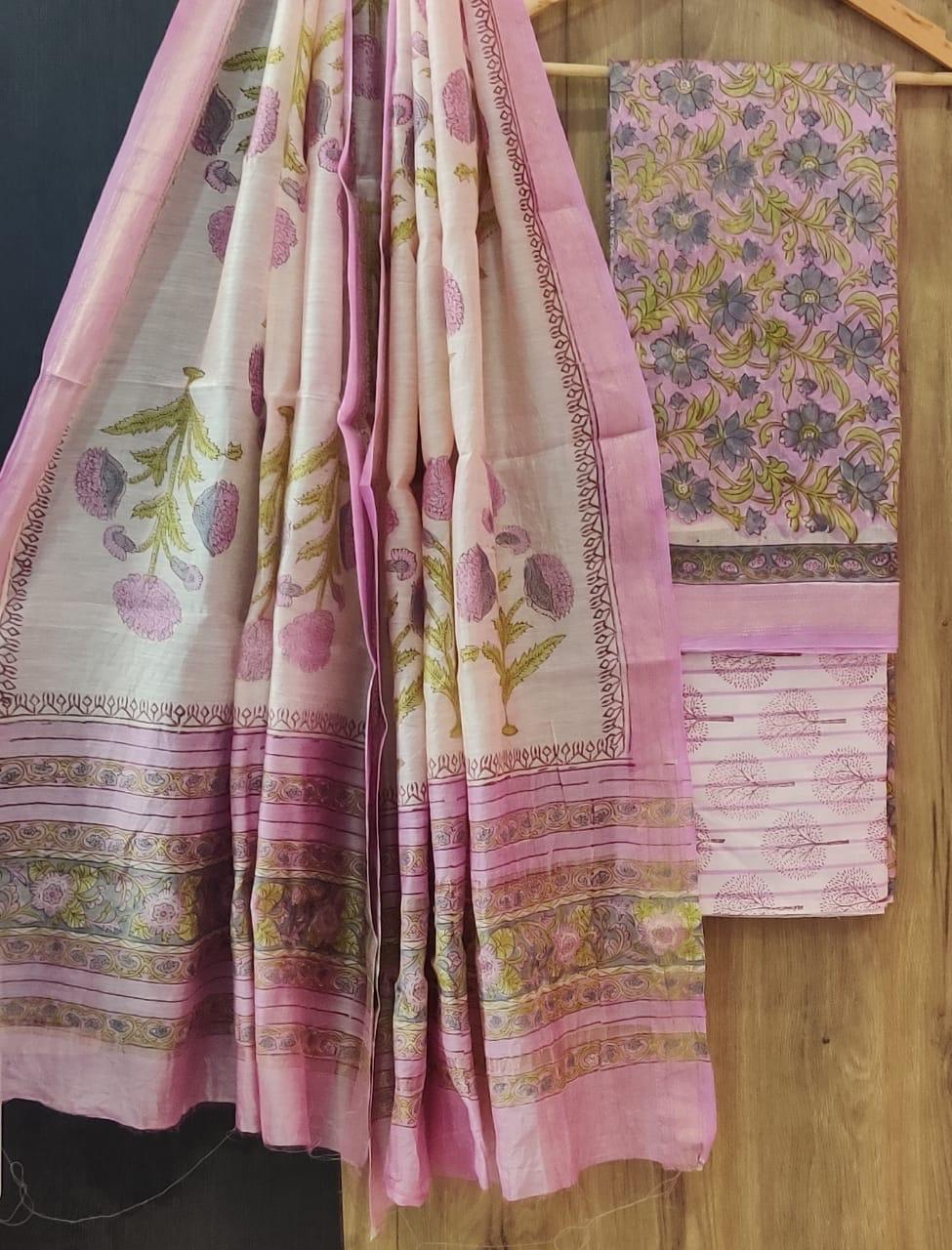 NEW DESIGNER HAND BLOCK PRINT MAHESHWARI SILK SUIT SET (MSLYS32)