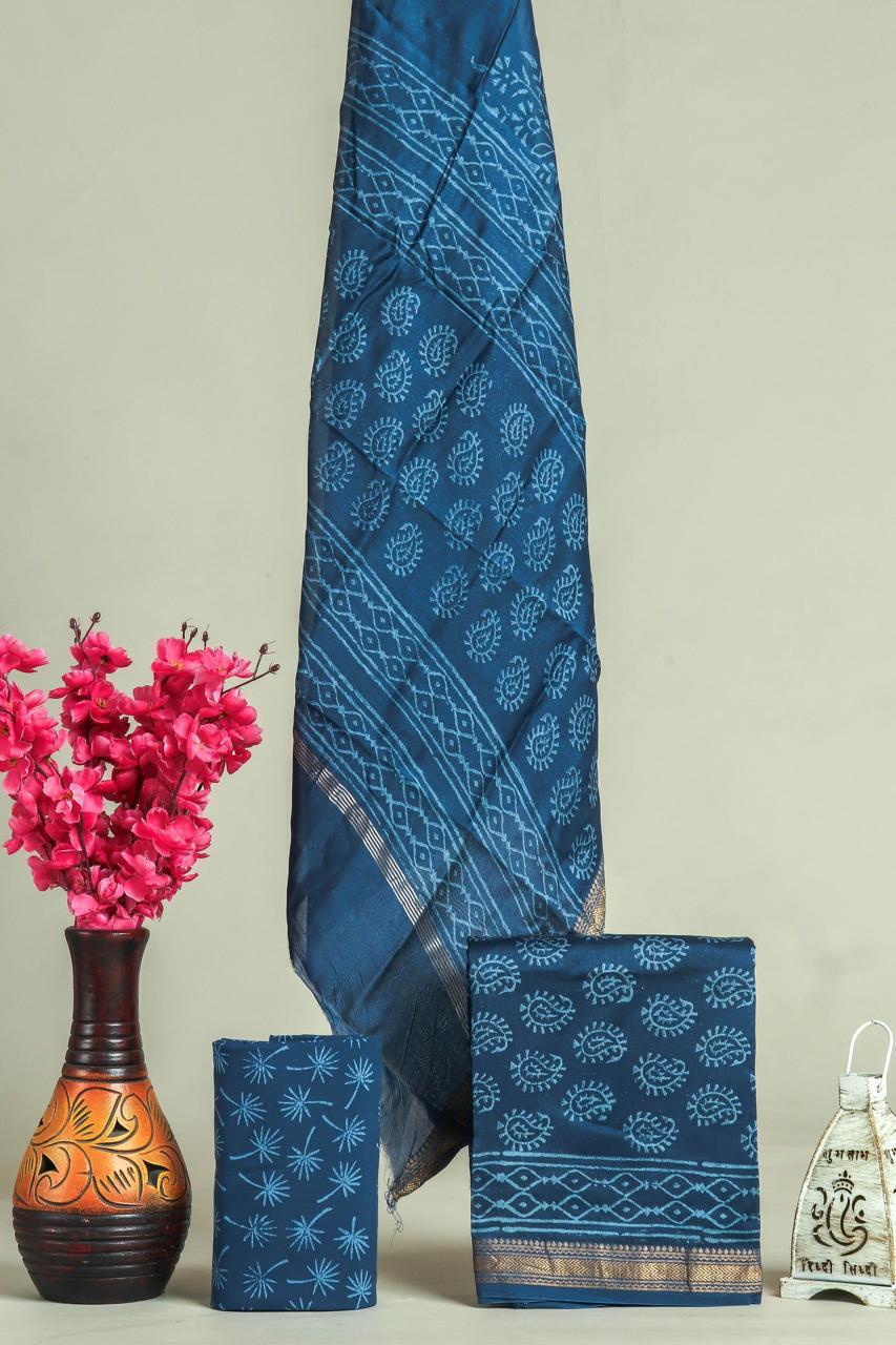 YUVI STYLE HAND BLOCK PRINT MAHESHWARI SILK SUIT WITH MAHESHWARI SILK DUPATTA (MSLYS117)