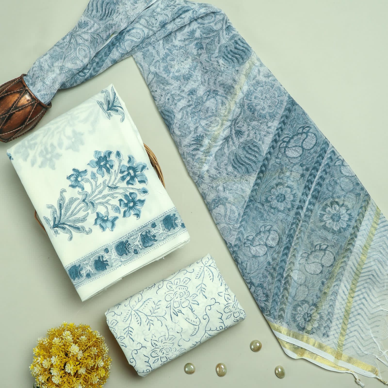 DESIGNER HAND BLOCK PRINT PURE COTTON SUIT MATERIAL WITH KOTA DORIA DUPATTA (3CKDYS40)