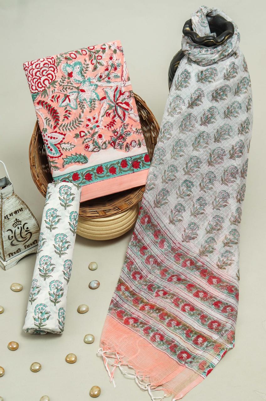 ELEGANT HAND BLOCK PURE COTTON SUIT WITH KOTA DORIA DUPATTA (3CKDYS194)