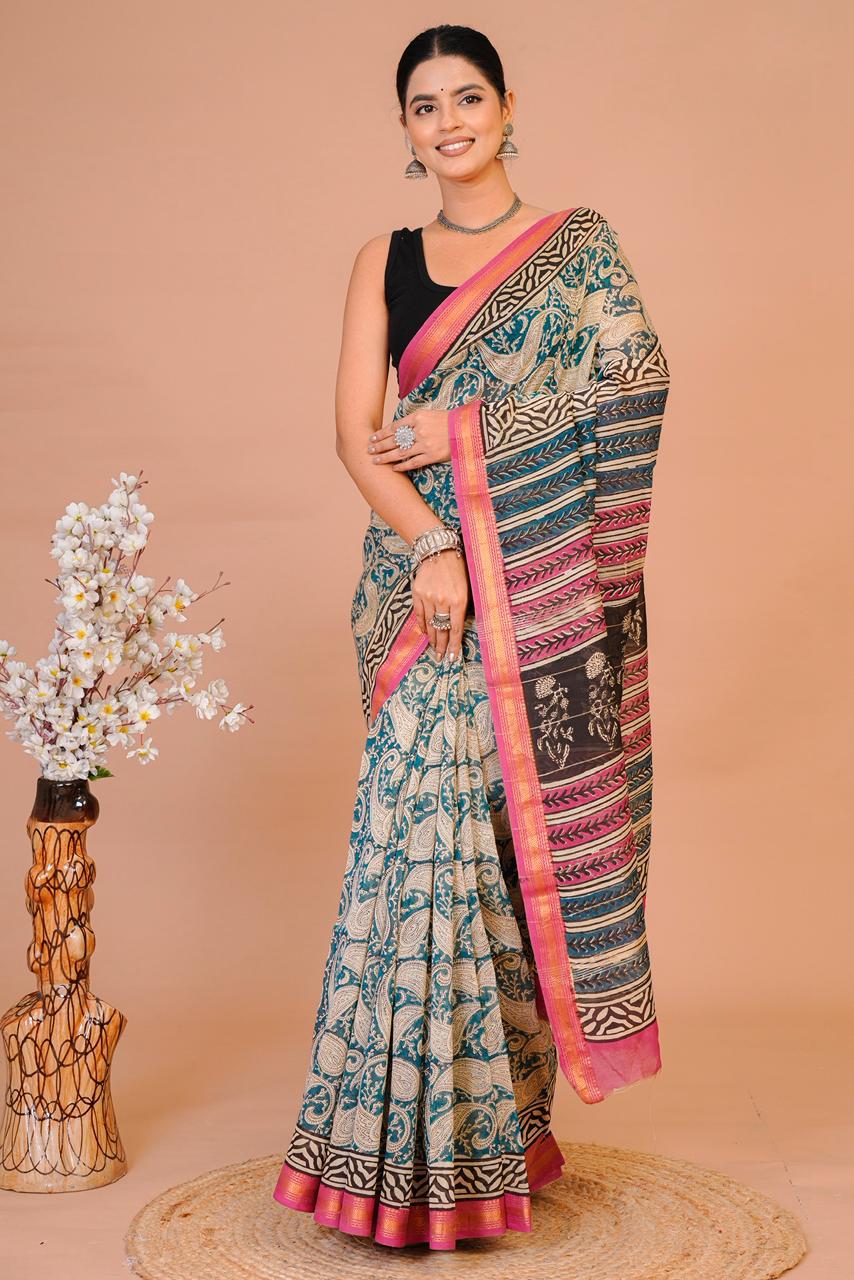 EXCLUSIVE  HAND BLOCK  MAHESWARI SILK SAREE ( MSYS42)