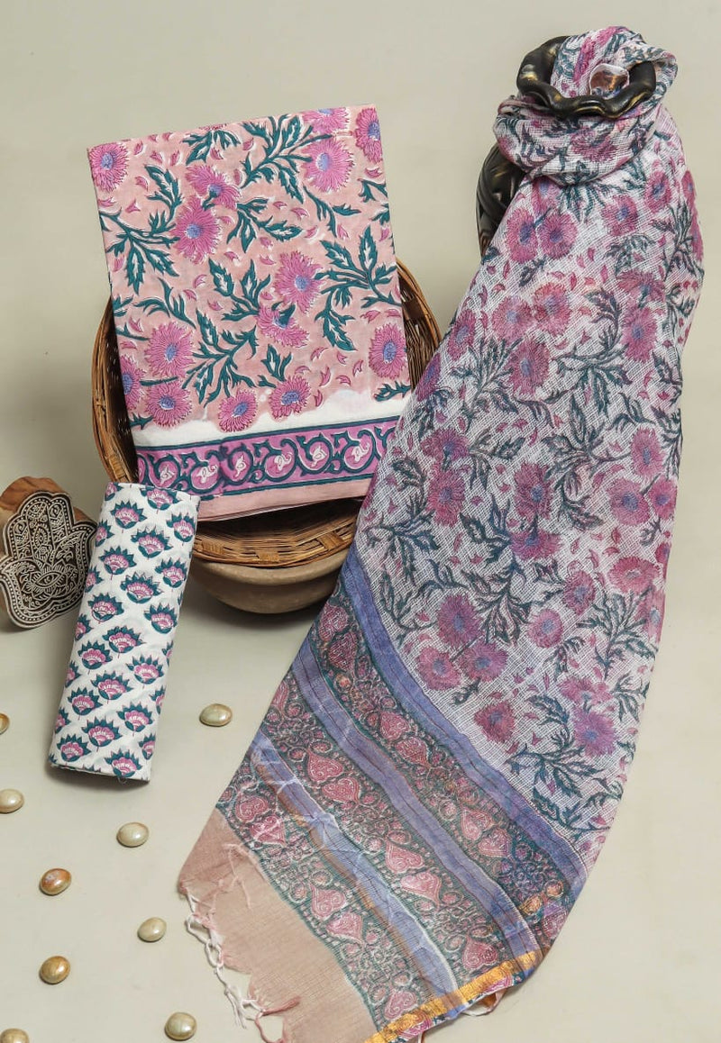 APPEALING FLORAL HAND BLOCK PRINT COTTON SUIT WITH KOTA DORIA DUPATTA (3CKDYS243)