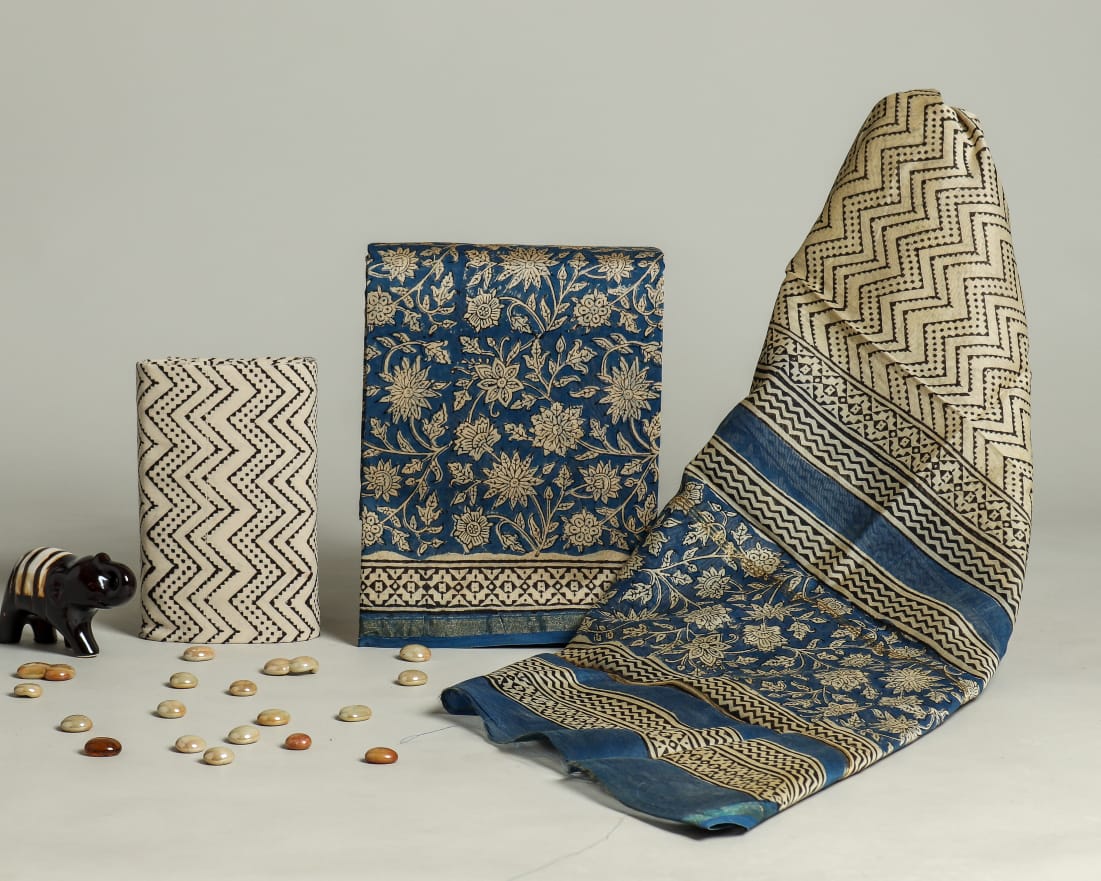 YUVI STYLE  HAND BLOCK CHANDERI SILK SUIT SET WITH CHANDERI DUPATTA (CHDYS145)