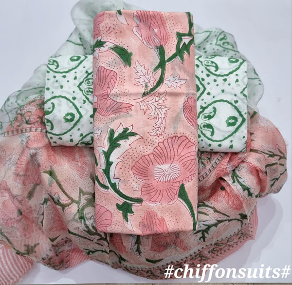 Designer  Hand Block Print  Pure Cotton Suit with Chiffon Dupatta (PCHFYS13)