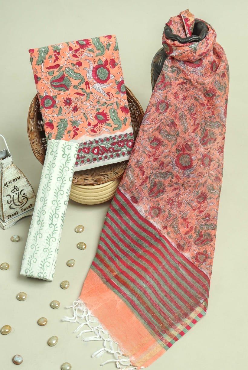 DESIGNER HAND BLOCK PRINT PURE COTTON SUIT MATERIAL WITH KOTA DORIA DUPATTA (3CKDYS76)