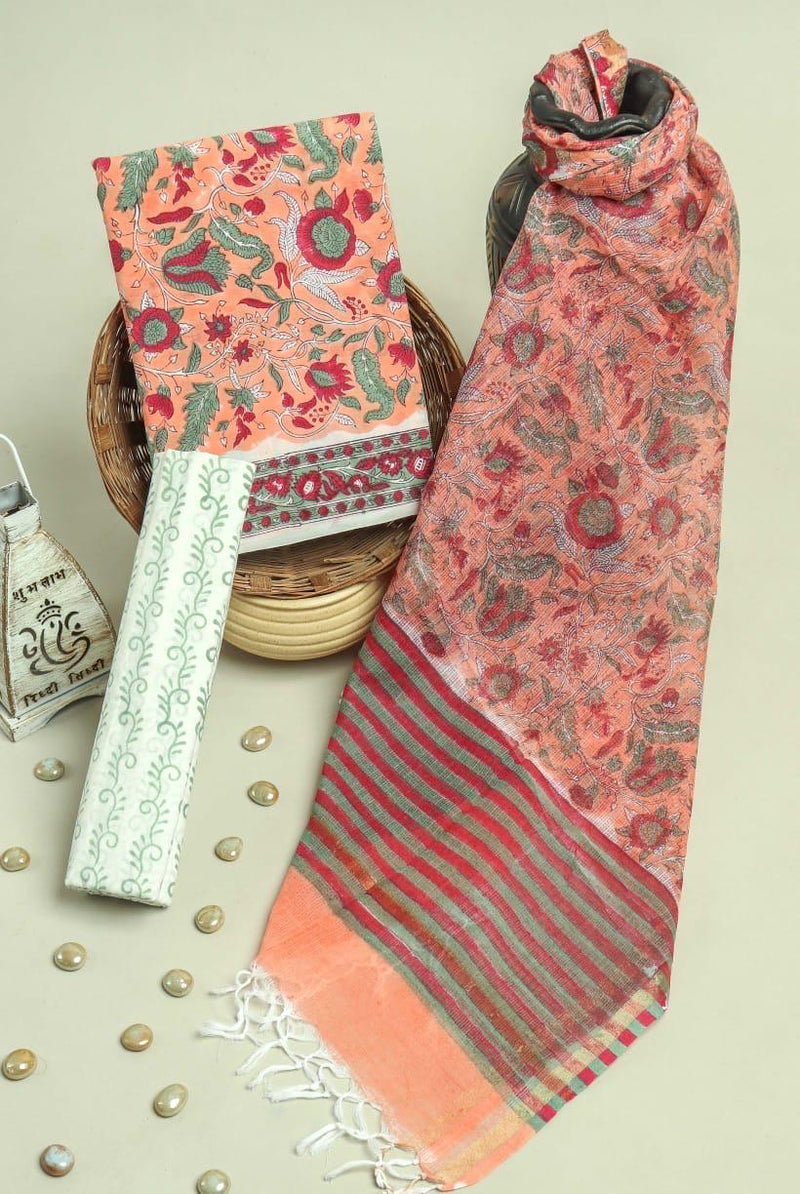 DESIGNER HAND BLOCK PRINT PURE COTTON SUIT MATERIAL WITH KOTA DORIA DUPATTA (3CKDYS76)