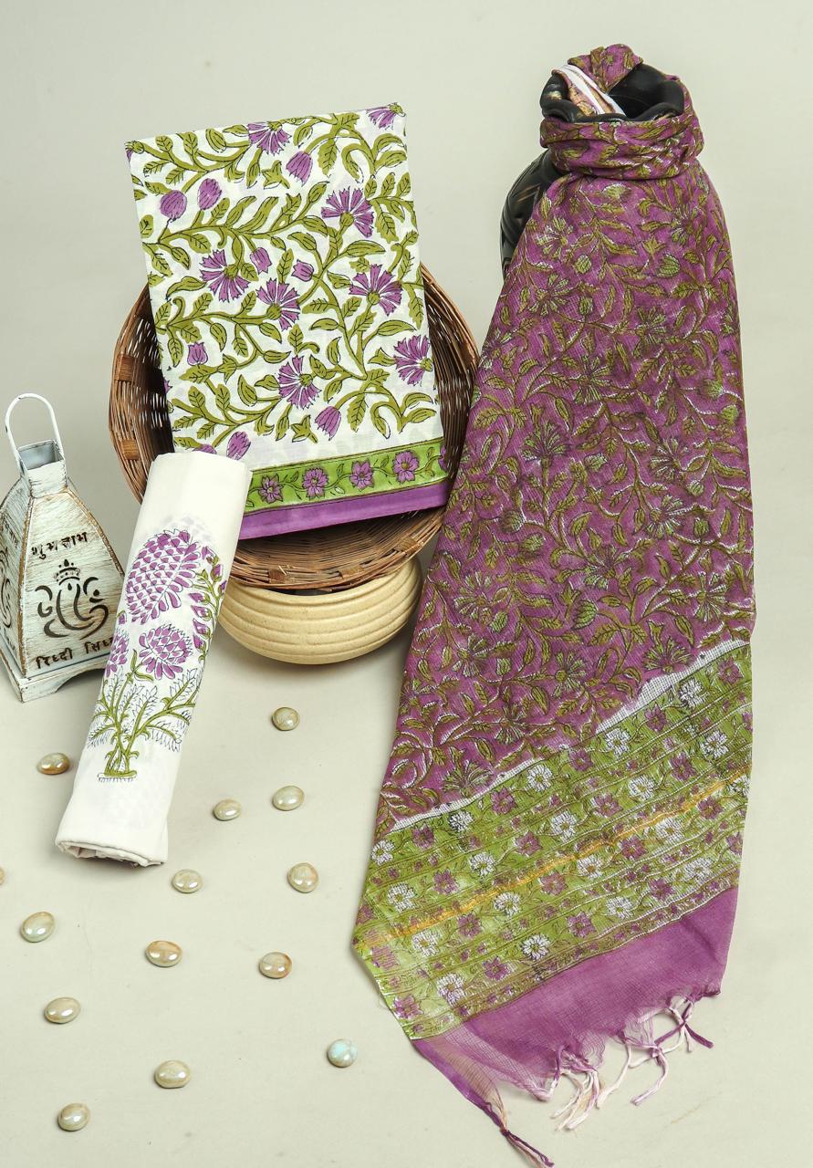 FLORAL HAND BLOCK PRINT PURE COTTON SUIT WITH DORIA DUPATTA(3CKDYS147)