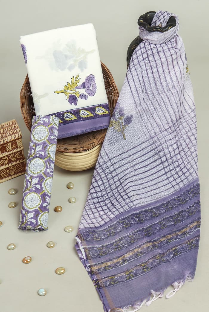 DESIGNER HAND BLOCK PRINT PURE COTTON SUIT MATERIAL WITH KOTA DORIA DUPATTA (3CKDYS24)