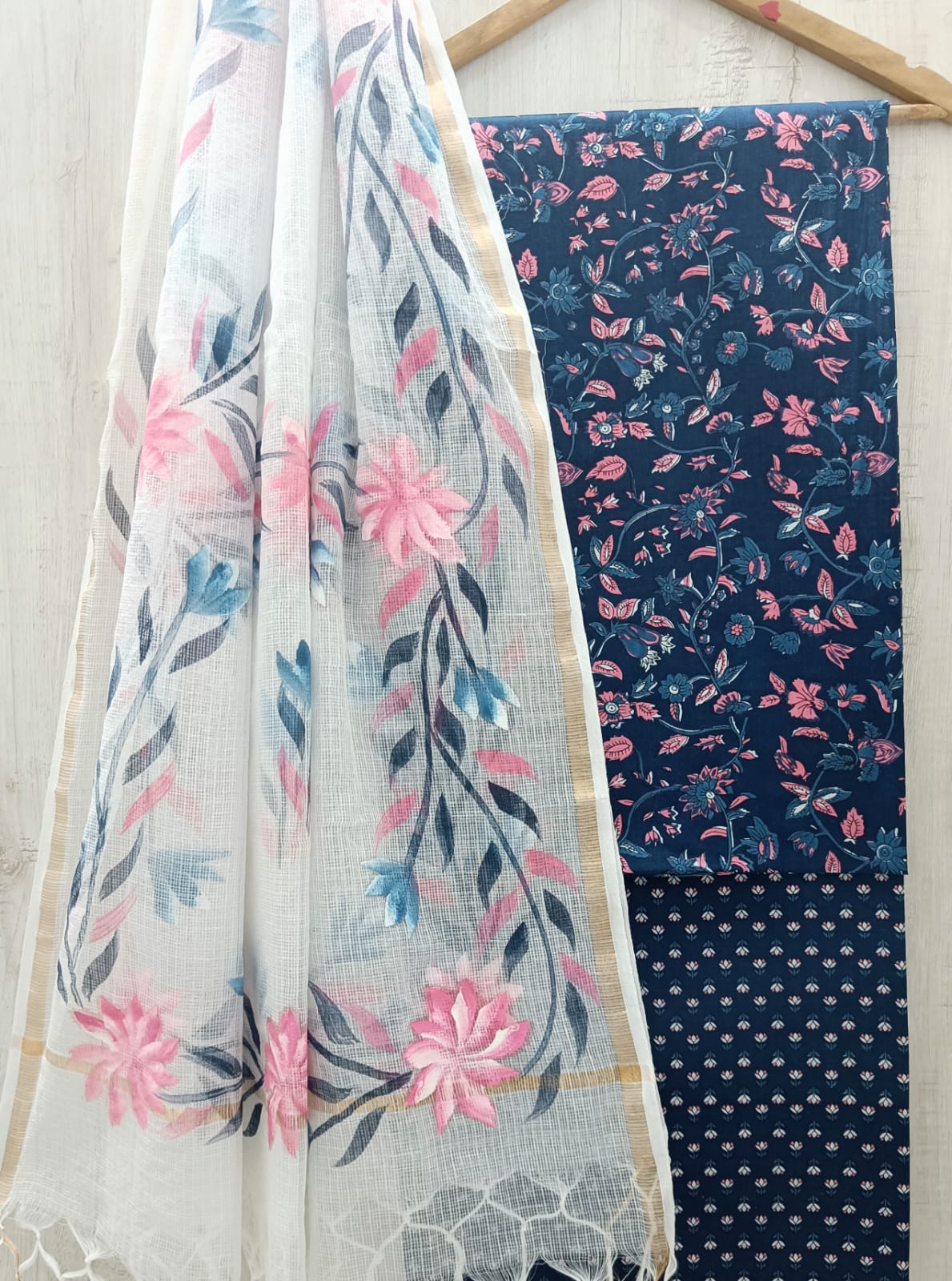 Designer Hand Block Print Pure Cotton Suit Material with Kota Doria Dupatta (3CKDYS02)