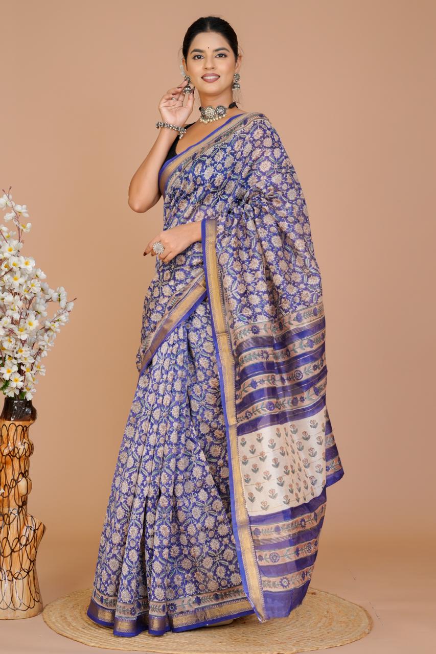 DESIGNER HAND BLOCK PRINTED MAHESWARI SILK SAREE ( MSYS07)