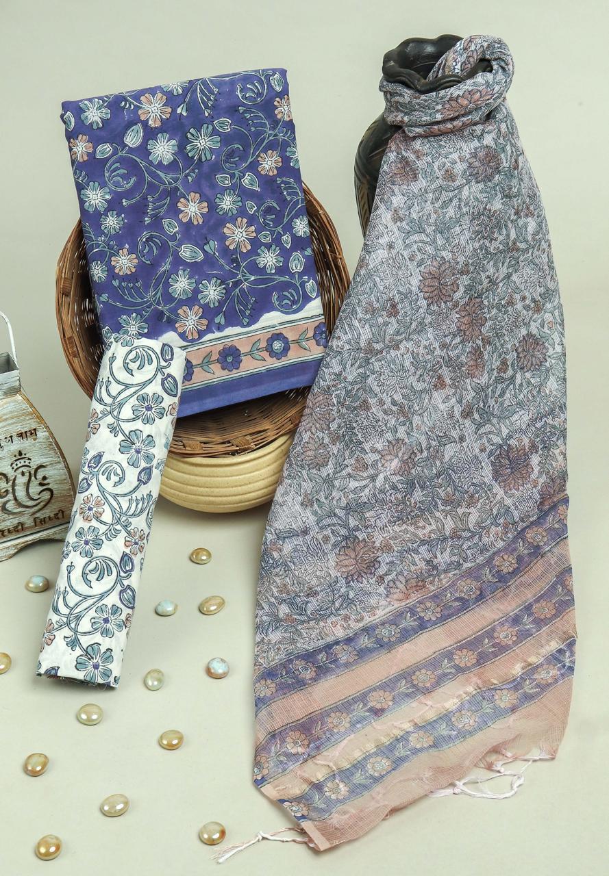 ELEGANT HAND BLOCK PURE COTTON SUIT WITH KOTA DORIA DUPATTA (3CKDYS198)