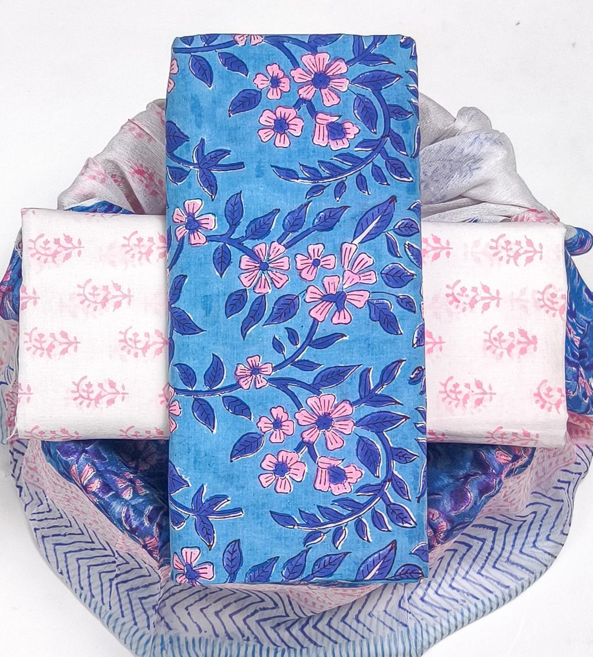 Designer  Hand Block Print  Pure Cotton Suit with Chiffon Dupatta (PCHFYS06)