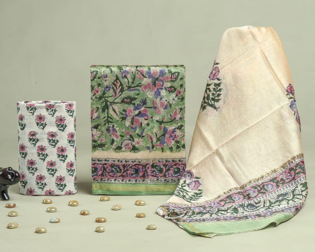 DESIGNER HAND BLOCK PRINT CHANDERI SILK SUIT SET WITH PREMIUM CHANDERI DUPATTA (CHDYS292)