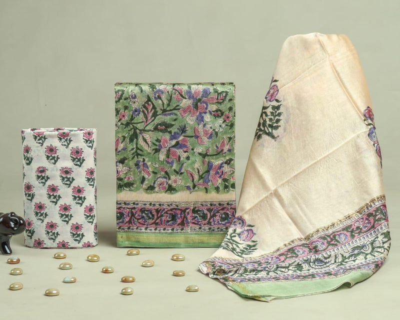 DESIGNER HAND BLOCK PRINT CHANDERI SILK SUIT SET WITH PREMIUM CHANDERI DUPATTA (CHDYS292)