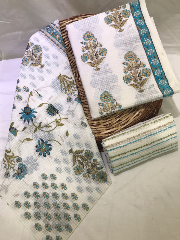 Yuvi Style Hand Block Buta  Print Cotton Suit Set with Mulmul Dupatta (MALYS331)