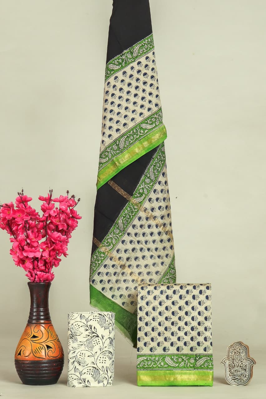 Designer Hand Block Print Maheshwari Silk Suit Set (MSLYS15)