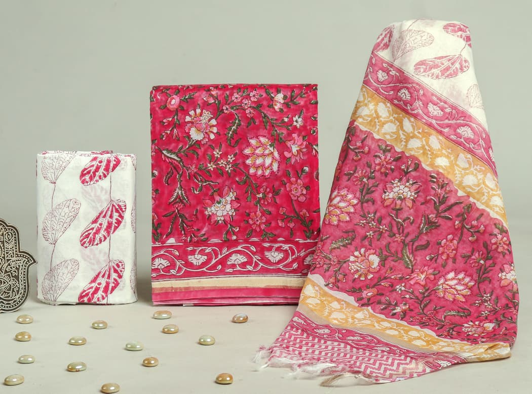DESIGNER HAND BLOCK PRINT CHANDERI SILK SUIT WITH PREMIUM CHANDERI DUPATTA (CHDYS303)