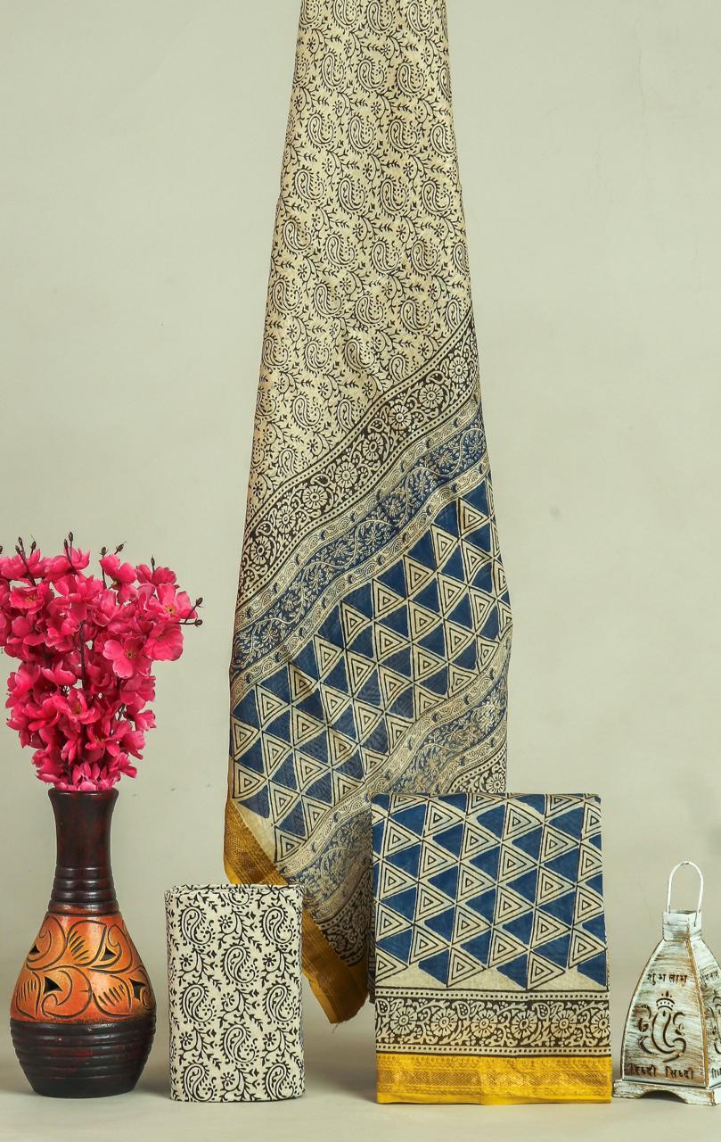 EXCLUSIVE  HAND BLOCK PRINT MAHESHWARI SILK SUIT WITH MAHESHWARI SILK DUPPTA (MSLYS88)