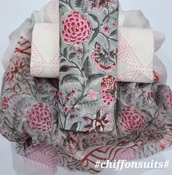 DESIGNER HAND BLOCK PRINT PURE COTTON SUIT WITH CHIFFON DUPATTA (PCHFYS27)