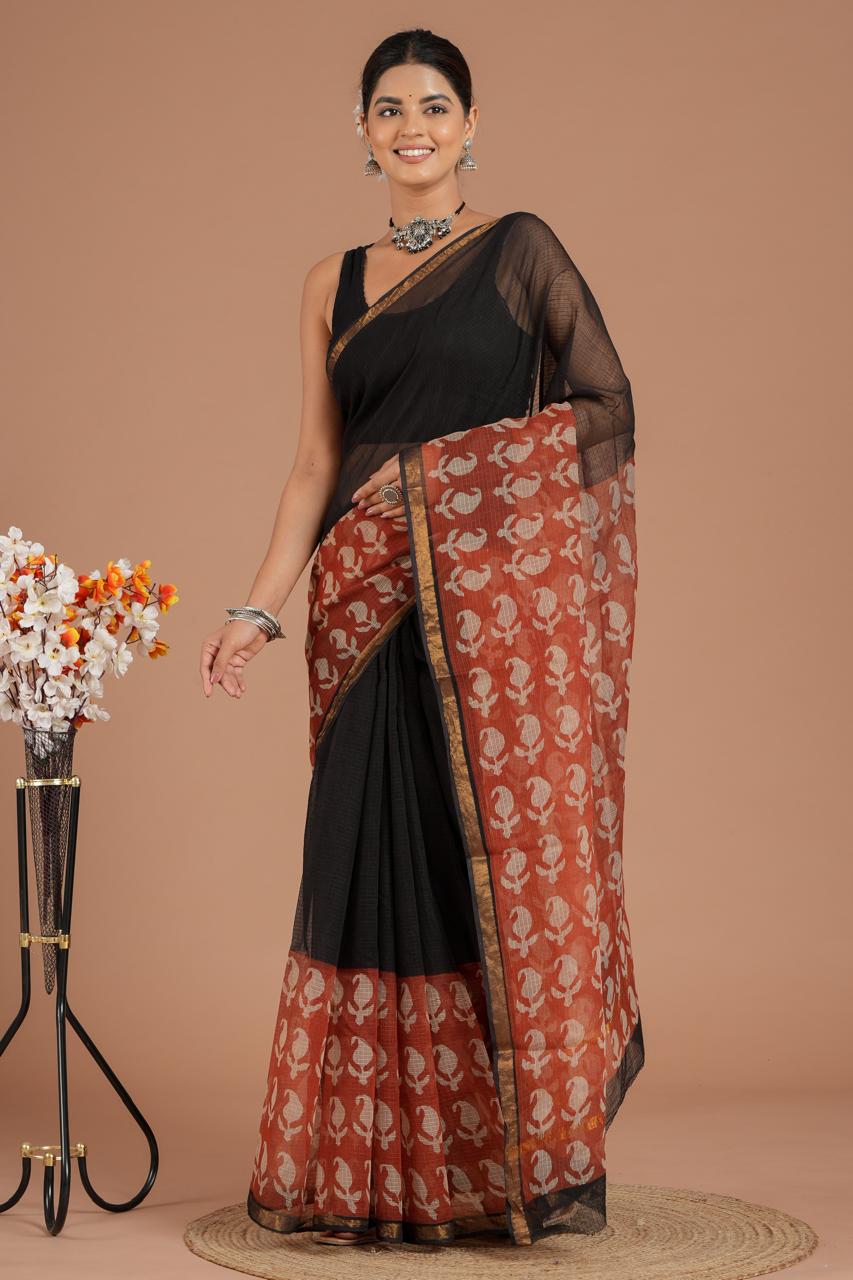 Designer Hand Block Printed Kota Doriya Silk Saree (KDSYS13)