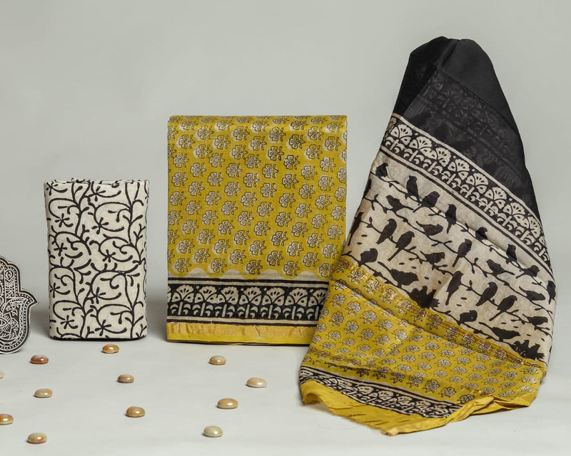 TRADITIONAL HAND BLOCK CHANDERI SILK SUIT SET WITH CHANDERI DUPATTA (CHDYS246)