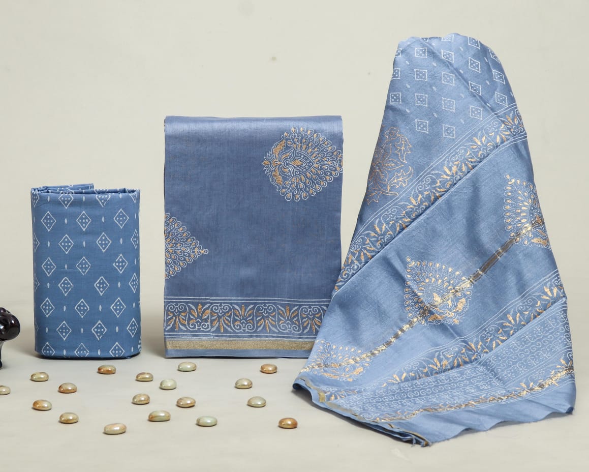 DESIGNER HAND BLOCK PRINT CHANDERI SILK SUIT SET WITH PREMIUM CHANDERI DUPATTA (CHDYS36)