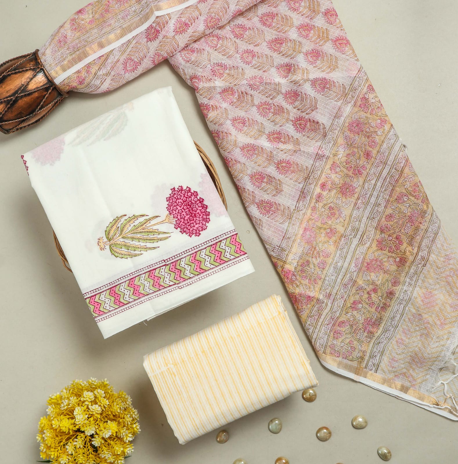 DESIGNER HAND BLOCK PRINT PURE COTTON SUIT WITH KOTA DORIA DUPATTA (3CKDYS106)