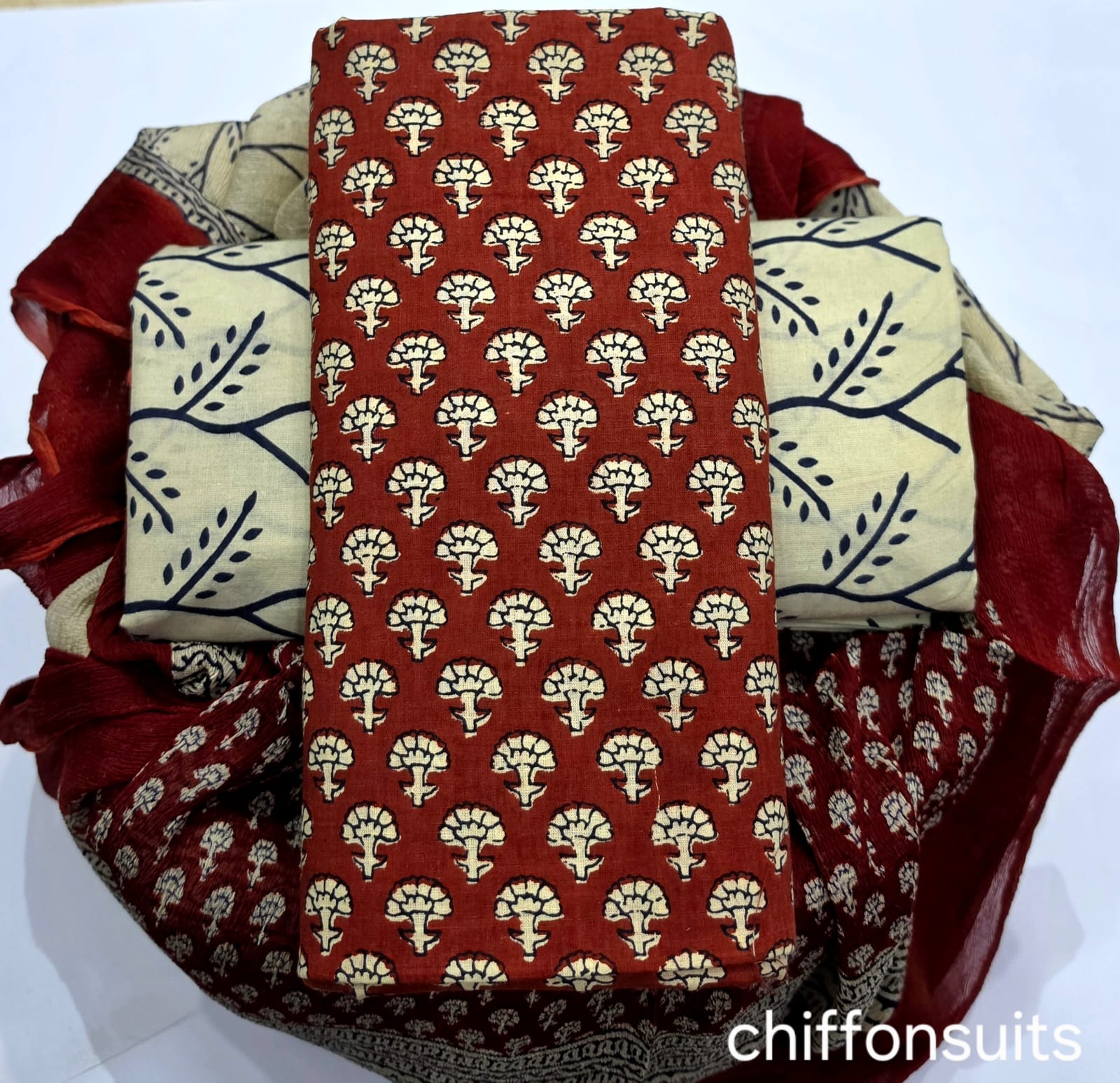 YUVI STYLE HAND BLOCK PRINT PURE COTTON SUIT WITH CHIFFION DUPTTA (PCHFYS88)