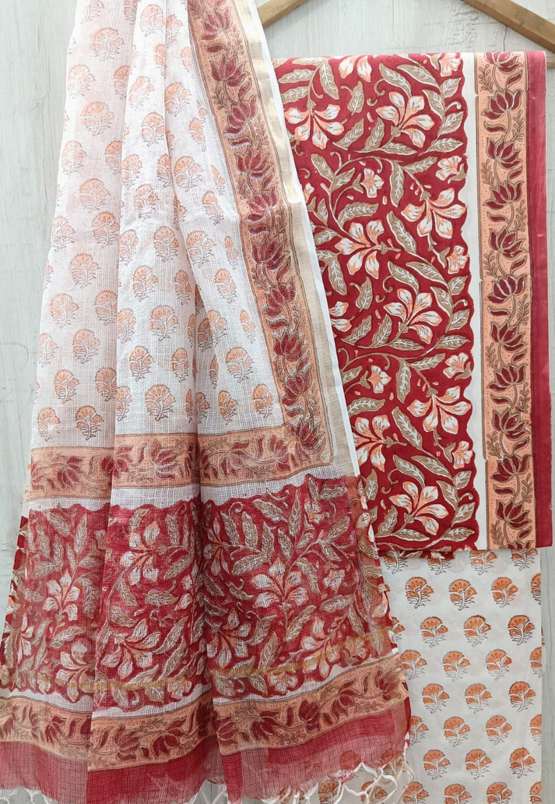 Designer Hand Block Print Pure Cotton Suit Material with Kota Doria Dupatta (3CKDYS17)