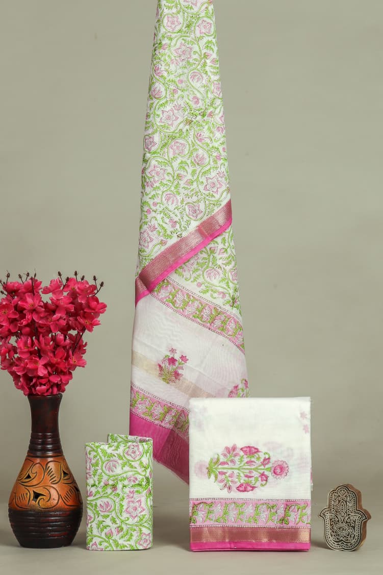 Designer Hand Block Print Maheshwari Silk Suit Set  (MSLYS57)