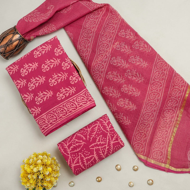 TRADITIONAL  HAND BLOCK PRINT PURE COTTON SUIT MATERIAL WITH KOTA DORIA DUPATTA (3CKDYS93)