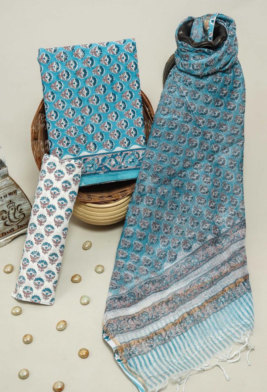 DESIGNER HAND BLOCK PRINT PURE COTTON SUIT MATERIAL WITH KOTA DORIA DUPATTA (3CKDYS57)