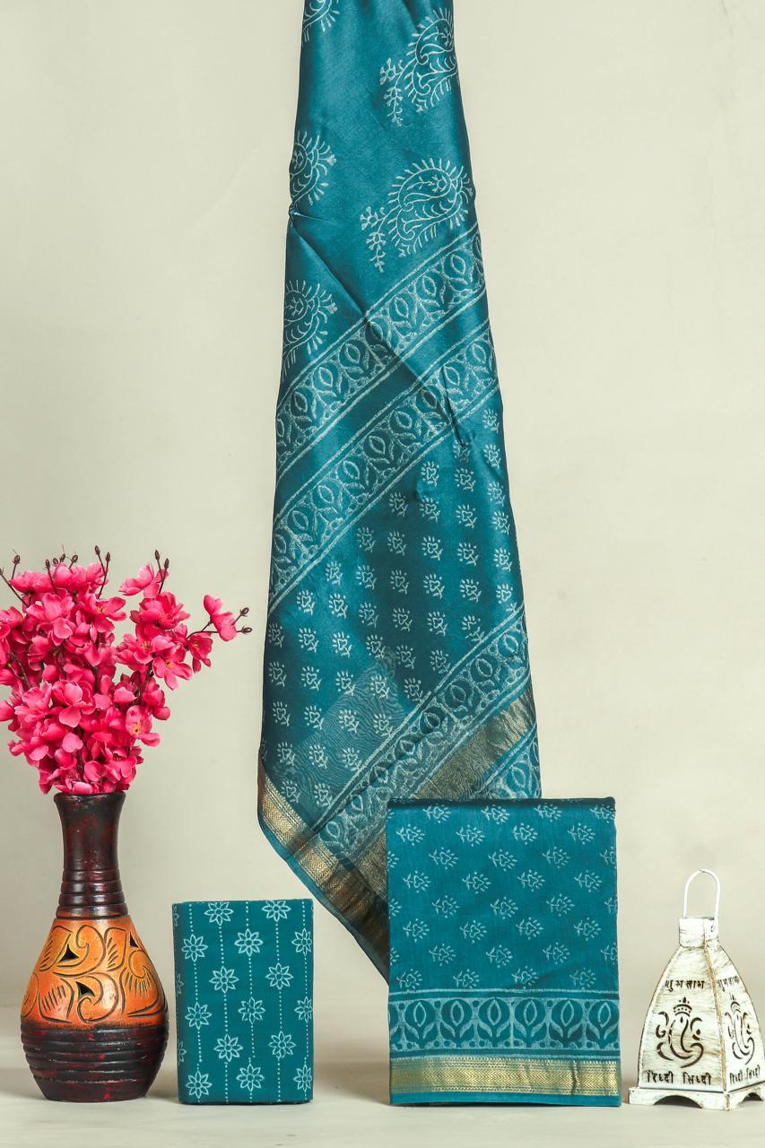 DESIGNER HAND BLOCK PRINT MAHESHWARI SILK SUIT SET (MSLYS41)