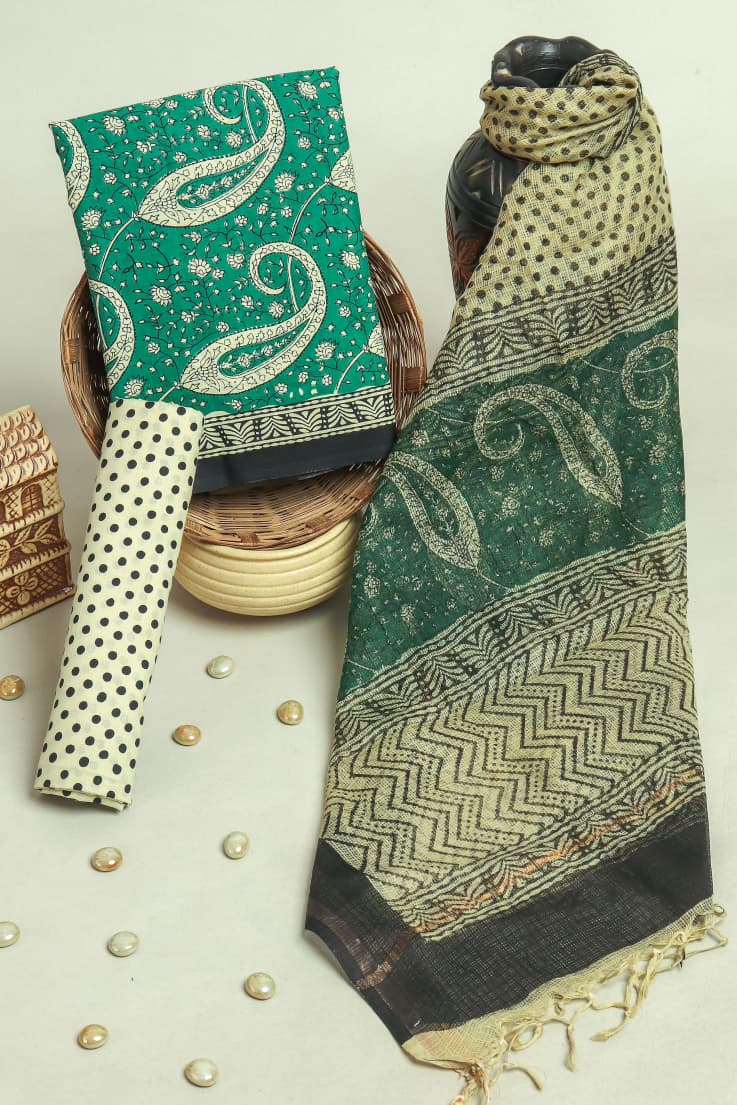 EXCLUSIVE HAND BLOCK PRINT PURE COTTON SUIT MATERIAL WITH KOTA DORIA DUPATTA (3CKDYS90)