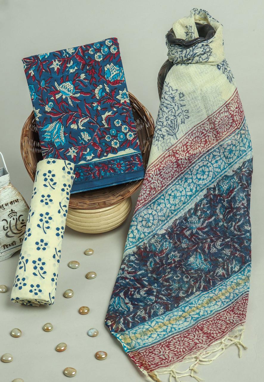 TRADITIONAL HAND HAND BLOCK PURE COTTON SUIT WITH KOTA DORIA DUPATTA (3CKDYS244)