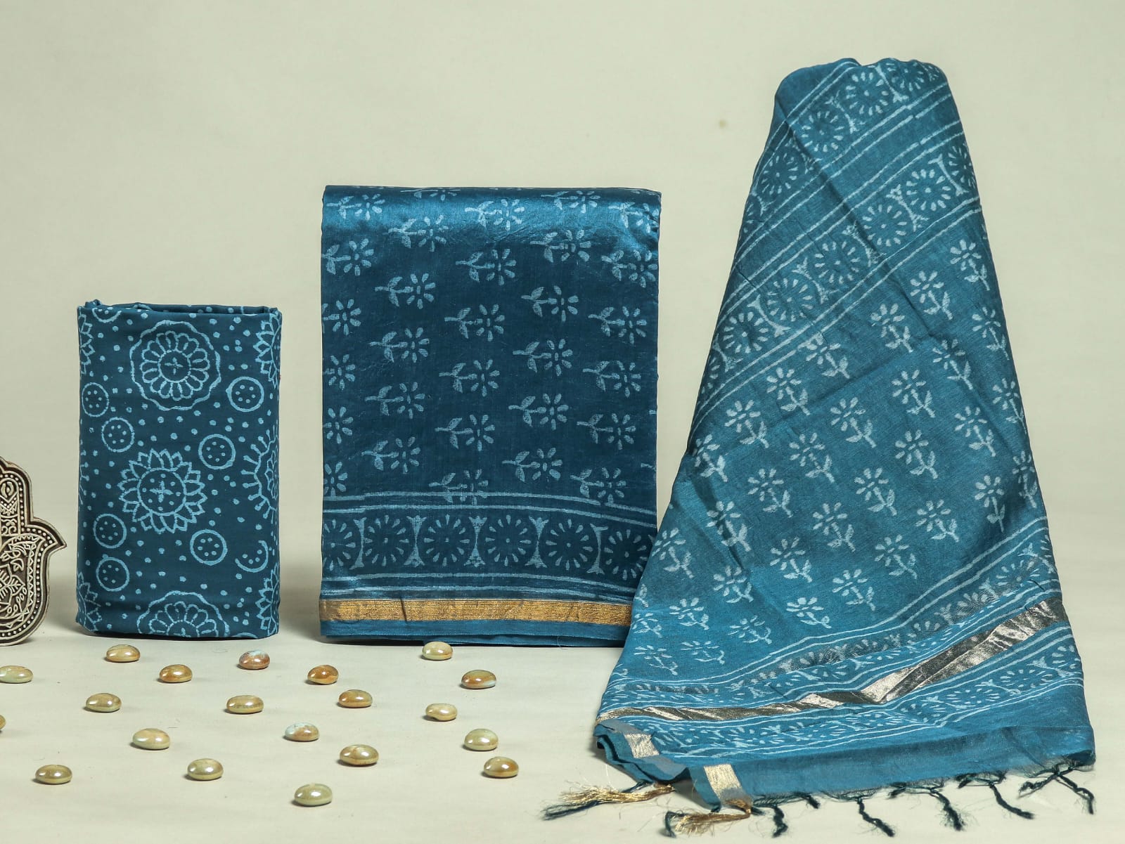 TRADITIONAL HAND BLOCK BAGRU PRINT CHANDERI SILK SUIT SET WITH PREMIUM CHANDERI DUPATTA (CHDYS308)