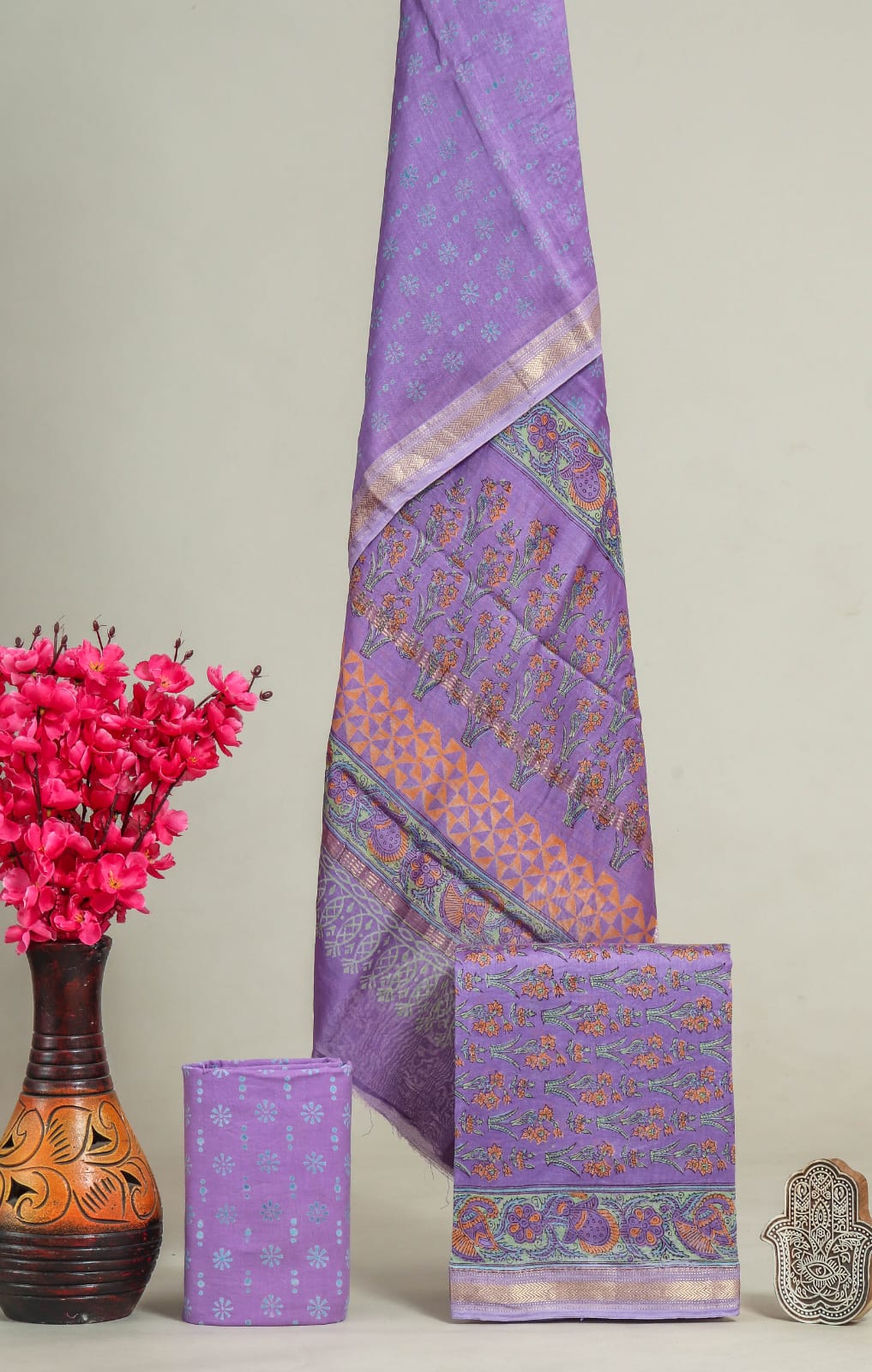Designer Hand Block Ajrak Print Maheshwari Silk Suit Set (MSLYS02)