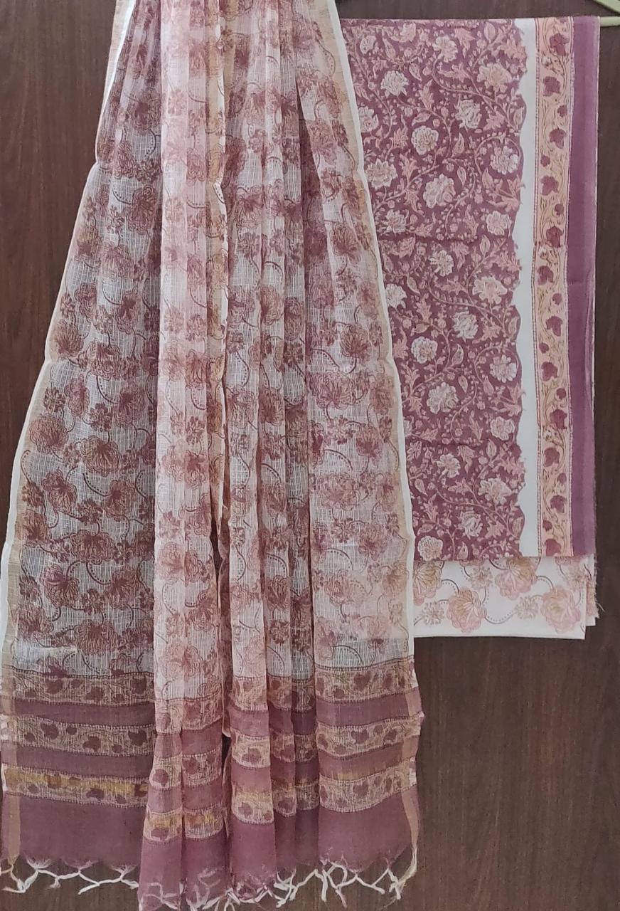 APPEALING  HAND BLOCK PURE COTTON SUIT WITH KOTA DORIA DUPATTA (3CKDYS124)