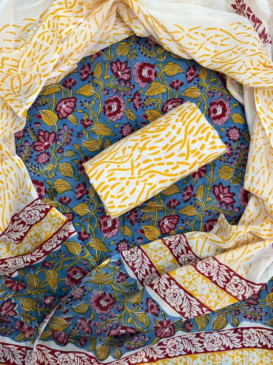 EXCLUSIVE HAND BLOCK PRINT PURE COTTON SUIT WITH COTTON MULMUL DUPATTA (MALYS109)