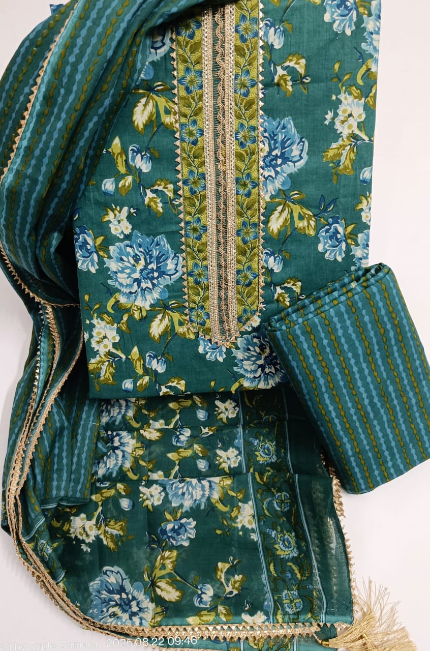 SANGANERI PRINT COTTON SUIT MATERIAL WITH COTTON DUPATTA GOTTA  NECK WORK (GOTAYS112)