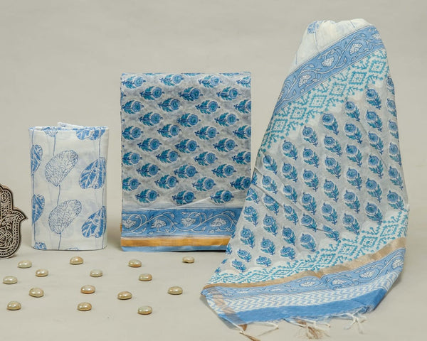 TRADITIONAL HAND PRINTED CHANDERI SILK SUIT SET WITH CHANDERI DUPATTA (CHDYS212)