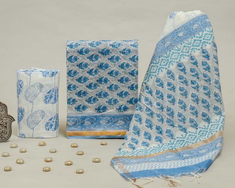 TRADITIONAL HAND PRINTED CHANDERI SILK SUIT SET WITH CHANDERI DUPATTA (CHDYS212)
