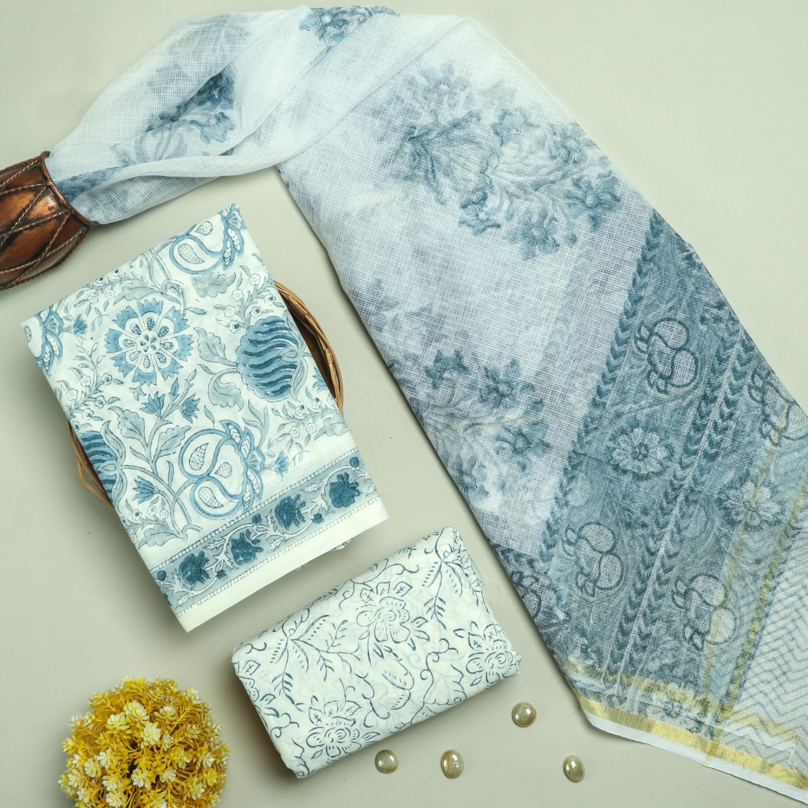 DESIGNER HAND BLOCK PRINT PURE COTTON SUIT MATERIAL WITH KOTA DORIA DUPATTA (3CKDYS81)