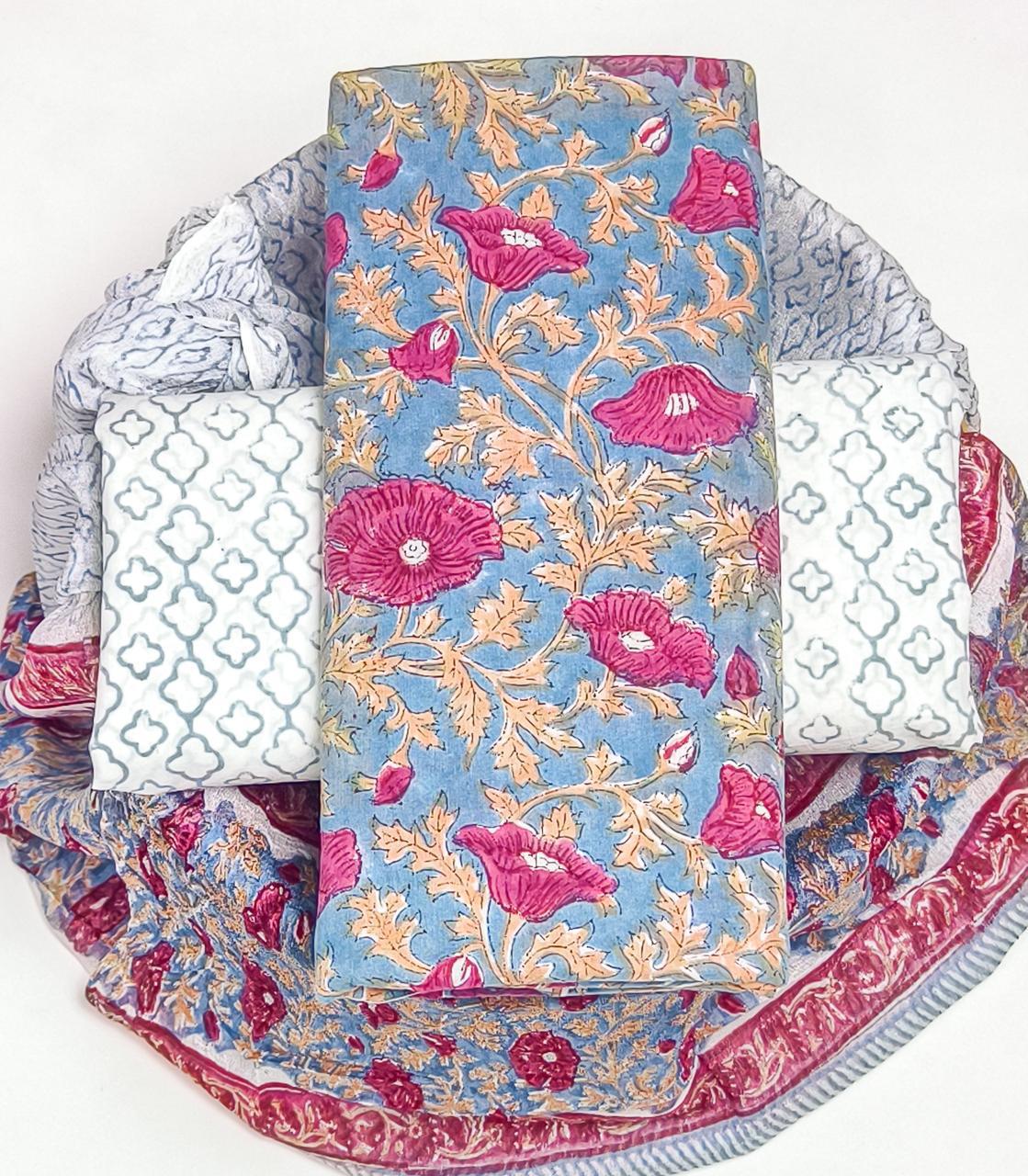 DESIGNER HAND BLOCK PRINT PURE COTTON SUIT WITH CHIFFON DUPATTA (PCHFYS173)