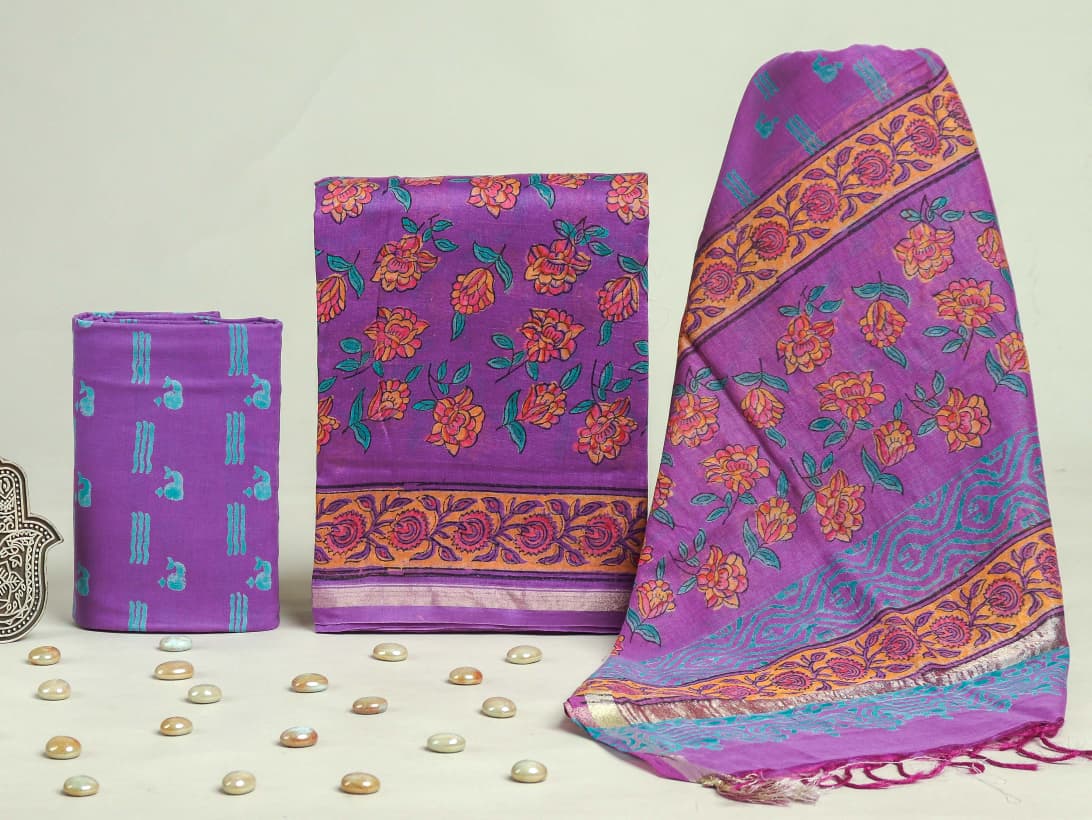 Designer Hand Block Print Chanderi Silk Suit set with Premium Chanderi Dupatta (CHDYS19)