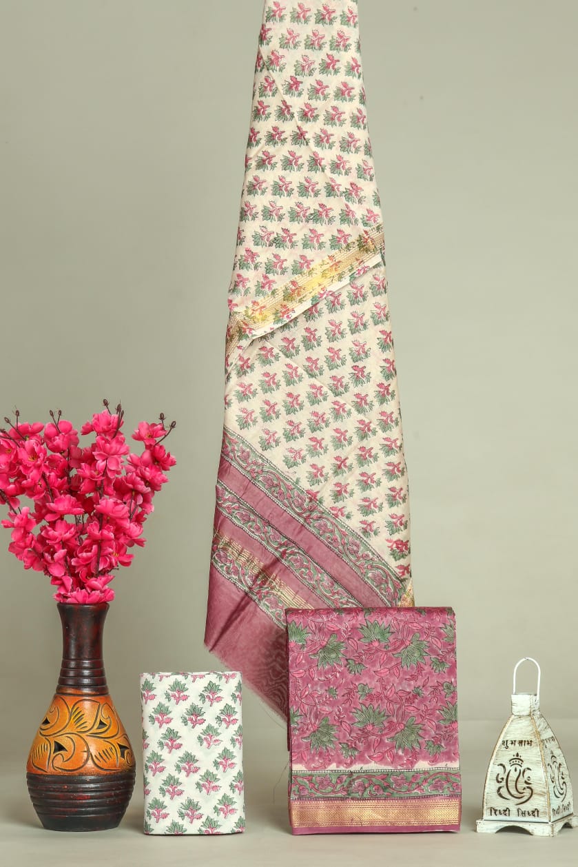 EXCLUSIVE HAND BLOCK PRINT MAHESHWARI SILK SUIT WITH MAHESHWARI SILK DUPATTA(MSLYS69)