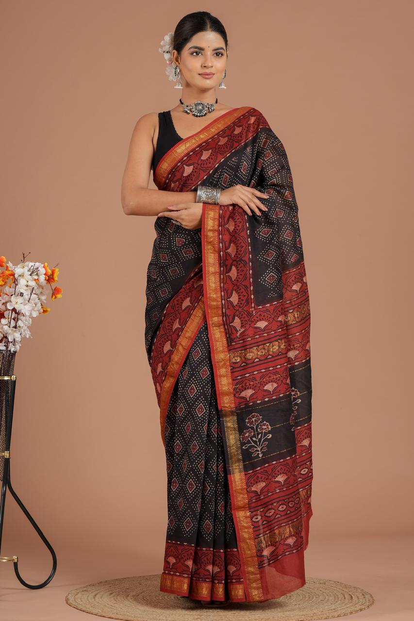 DESIGNER HAND BLOCK PRINTED MAHESWARI SILK SAREE ( MSYS07)