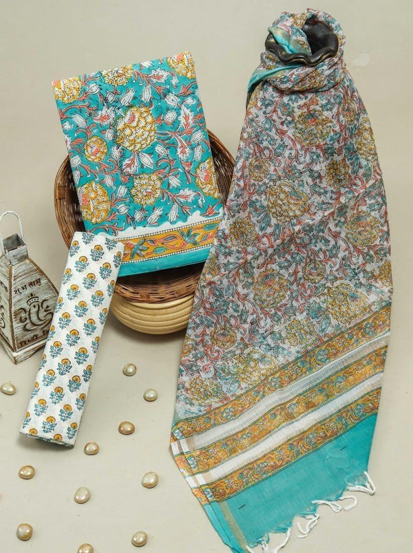 TRADITIONAL HAND HAND BLOCK PURE COTTON SUIT WITH KOTA DORIA DUPATTA (3CKDYS252)