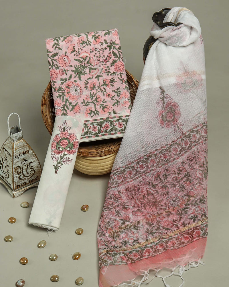 ELEGANT HAND BLOCK PURE COTTON SUIT WITH KOTA DORIA DUPATTA (3CKDYS133)