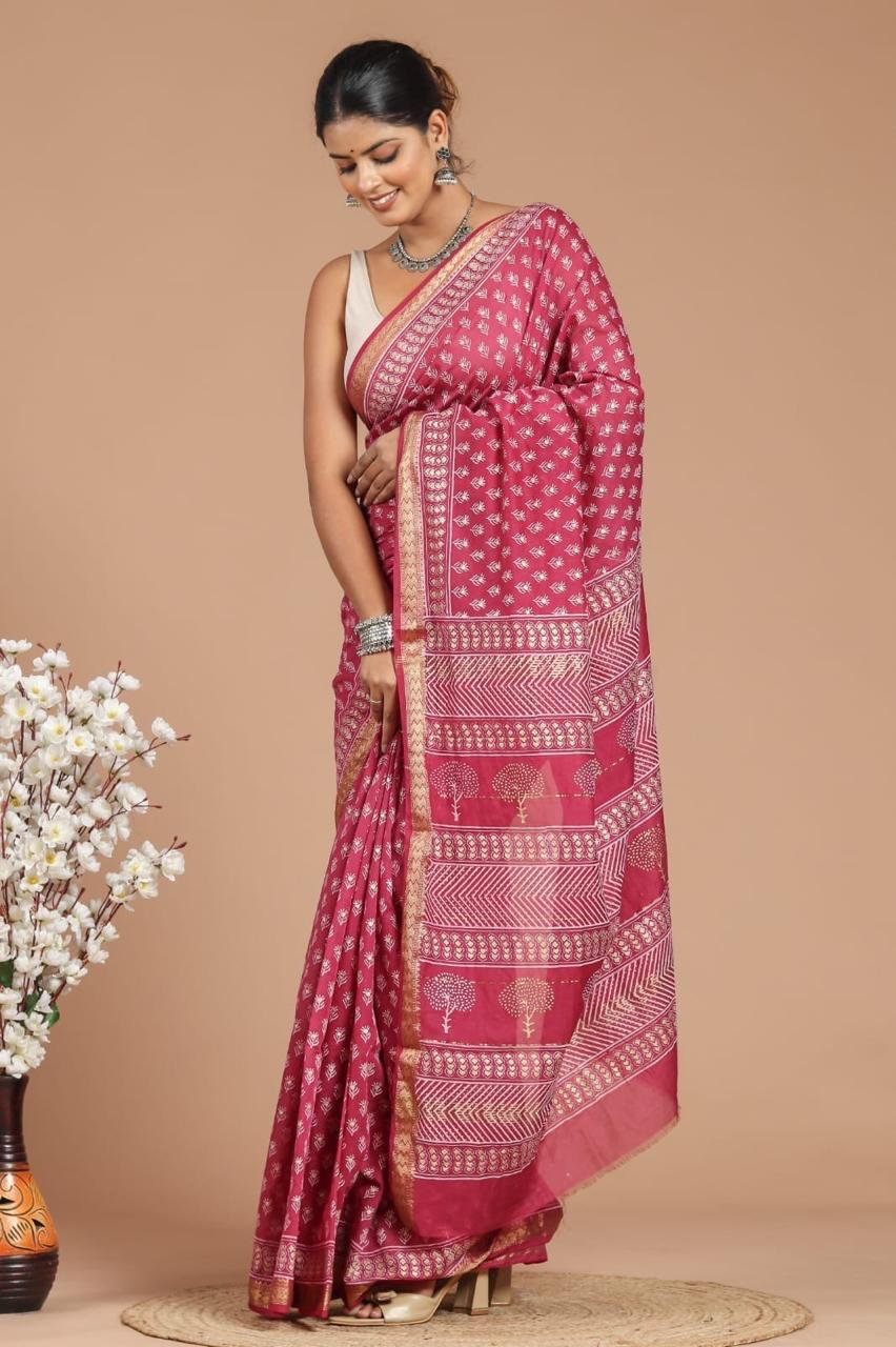 DESIGNER HAND BLOCK PRINTED MAHESWARI SILK SAREE ( MSYS07)